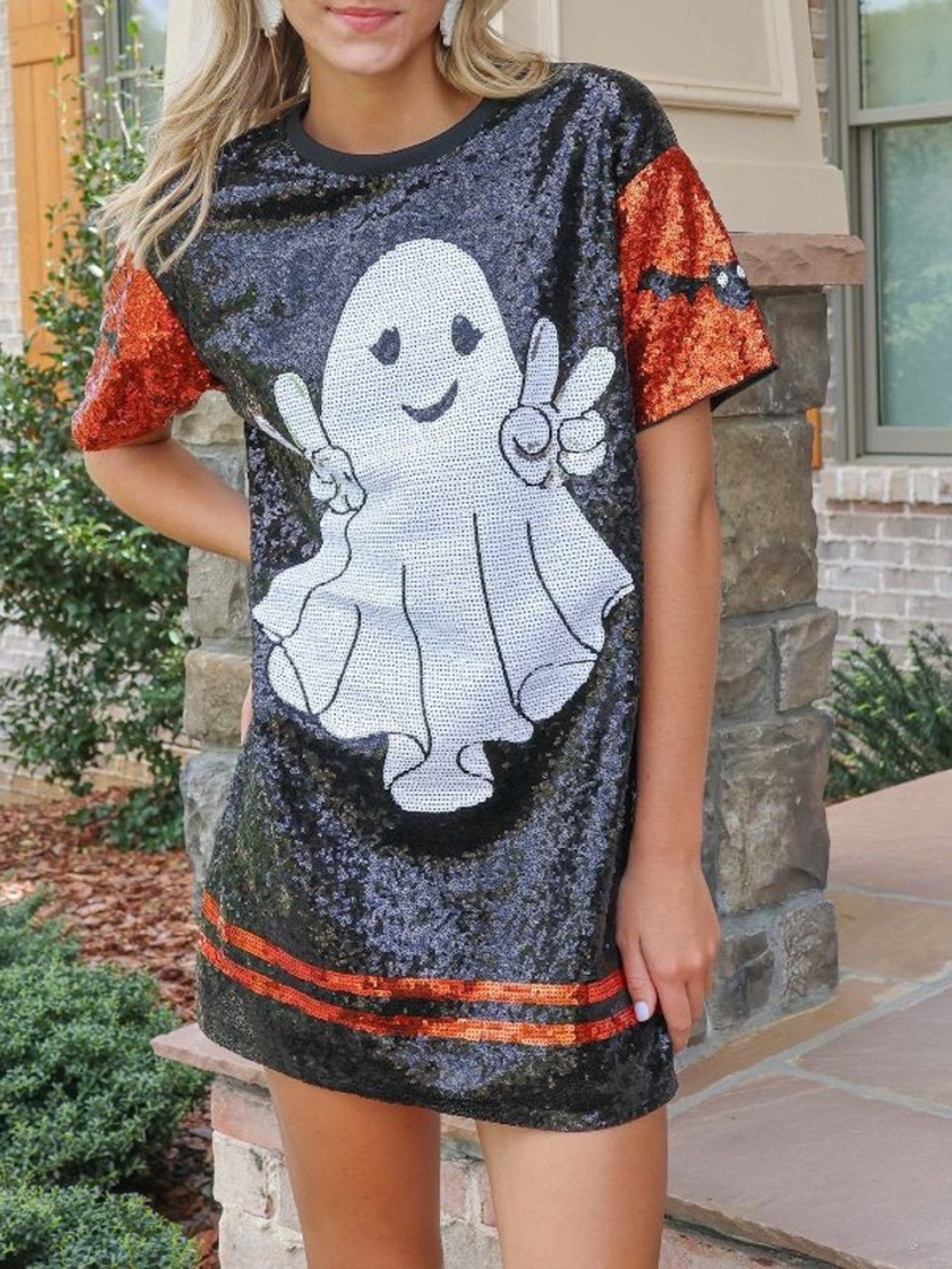 Simply Southern Black Sequin Ghost Tee with Orange Accents Size S\M